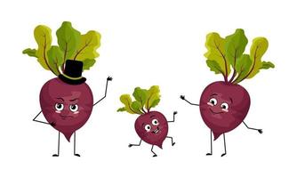 Family of beet vegetable characters with happy emotions, smile face, happy eyes, arms and legs. Mom is happy, dad is wearing hat and child is dancing. Vector flat illustration