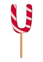 Letter U from striped red and white lollipops. Festive font or decoration for holiday or party. Vector flat illustration