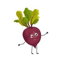 Beet character with happy emotion, joyful face, smile eyes, arms and legs. Person with expression, vegetable emoticon. Vector flat illustration