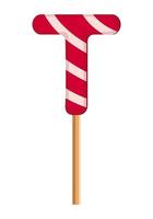 Letter T from striped red and white lollipops. Festive font or decoration for holiday or party. Vector flat illustration