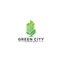 logotipo de la ciudad verde con hojas y edificios vector