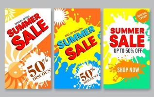 Summer sale vector poster set design. Summer sale with abstract paint splash element in colorful background for seasonal holiday discount promo advertisement. Vector illustration