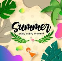 fondo de banner vectorial de verano. verano disfrute de cada momento texto en decoración de patrones con hojas de plantas cortadas en papel y forma abstracta para el diseño de la temporada de vacaciones tropicales. ilustración vectorial vector