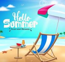 Hello summer vector banner design. Hello summer enjoy your holidays text in beach background with elements like chair and umbrella for enjoy outdoor tropical holiday season. Vector illustration