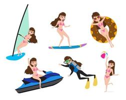Summer activity woman characters vector set.  Female character in summer water sport adventure like jet skiing, surfing, scuba diving and water floating isolated in white background.