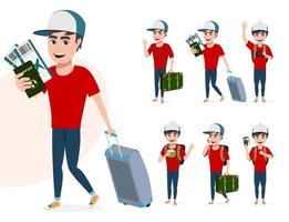 Travel male characters vector set. Man tourist character in different pose like walking while holding passport, ticket and luggage while waving for summer vacation isolated in white background.