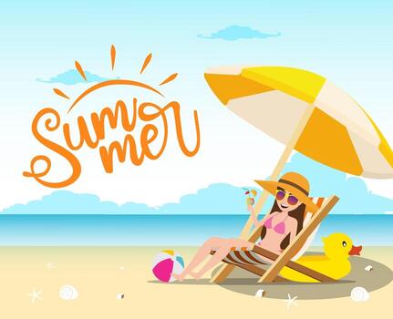 Summer vector concept design. Summer text with sexy female character relaxing and drinking fresh juice in chair with umbrella, beach ball and duck floater elements in beach seaside background.