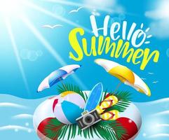 Summer vector background design. Hello summer text with floating floater in sea water background with beach ball, umbrella and flip flop beach element for holiday vacation. Vector illustration