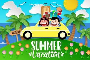 Summer character vector background design. Summer vacation text with kids characters riding car in beach paper cut for fun and enjoy holiday season outdoor travel. Vector illustration