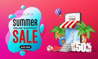 Summer sale vector banner design. Summer online shopping sale text with smartphone online application store for tropical season special offer promo discount. Vector illustration
