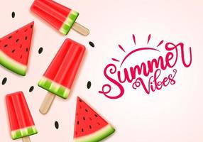 plantilla de banner de vector de sandía de verano. Texto de vibraciones de verano con melón de agua de frutas tropicales y elementos de paleta en fondo rosa. ilustración vectorial