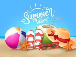 Summer vector banner design. Summer vibes greeting text with summer vacation tropical elements like beach ball, hat, sunglasses, flipflop, coconut and starfish in beach seashore background.