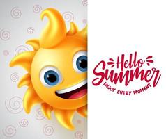 plantilla de banner vectorial de verano. hola verano disfruta de cada momento texto en espacio en blanco con carácter de sol en una cara linda y sonriente para el diseño de la temporada de vacaciones tropicales. ilustración vectorial vector