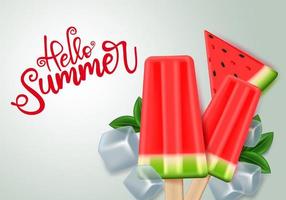 Hello summer with watermelon popsicle vector design. Hello summer text with tropical watermelon fruit and popsicle with ice elements in white background. Vector illustration.