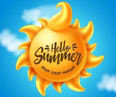 Hello summer text vector banner design. Hello summer enjoy every moment title in sun element for tropical season with clouds element in blue background. Vector illustration.