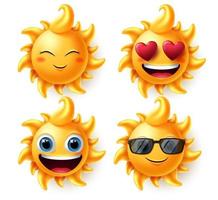 conjunto de vectores de caracteres de verano de sol. personaje solar en diferentes expresiones faciales como enamorado, dichoso, emocionado y sonriente para la colección de emojis y emoticonos en fondo blanco.