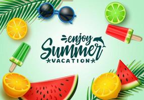 Summer text vector background template. Summer vacation typography with tropical elements like watermelon, lemon, popsicle and palm leaves in green background. Vector illustration.