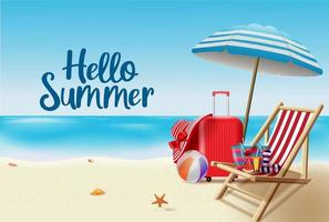 Hello summer vector background design. Hello summer greeting text in seashore background with beach elements like beach ball, umbrella, sunblock, bag and luggage for summer vacation.