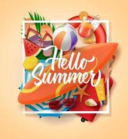 Hello summer vector background design. Hello summer text with beach element like surfboard, beach ball, sunglasses, lifebuoy, umbrella, sunscreen, and luggage for holiday season with white frame.