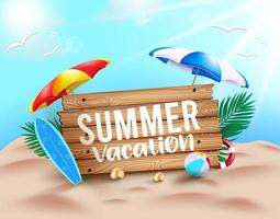 Summer vacation vector concept design. Summer vacation text in wood texture with beach elements like umbrella, surfboard and beachball for fun and enjoy travel vacation. Vector illustration