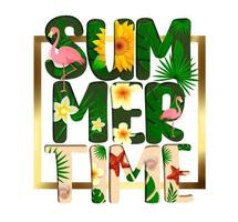 Summer time vector banner design. Summer time text for tropical season with nature and beach elements like plant leaves, flowers and sand elements in gold frame background. Vector illustration