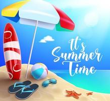 Summer time vector banner design. It's summer time text in beach background with tropical season elements like umbrella, surfboard and  beachball for fun and enjoy outdoor vacation.