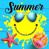 Summer character vector concept design. Summer text with paint splash smiling character and elements like sunglasses, drinks and starfish for tropical holiday season. Vector illustration