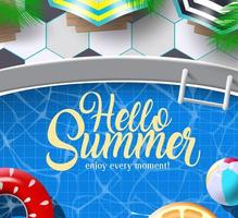 Hello summer vector banner design. Hello summer enjoy every moment text in swimming pool background with elements like floater, umbrella, and palm leaves for holiday season. Vector illustration