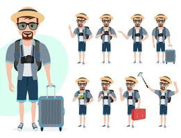 conjunto de vectores de caracteres masculinos turísticos. personajes masculinos vestidos de verano con diferentes poses de pie mientras sostienen equipaje para viajar de vacaciones aislados en fondo blanco. ilustración vectorial