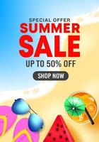 Summer sale vector poster design. Summer sale shop now text in beach background with tropical season elements for seasonal holiday discount promotion. Vector illustration