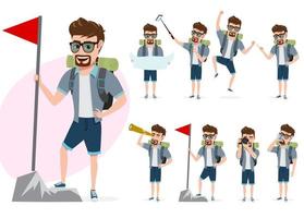 Hiking man vector character set. Male tourist climber characters in different activity poses summer adventure while standing and holding flag and map isolated in white background.