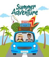 Summer adventure vector concept design. Summer adventure text with travel characters in car driving and beach element like fishing rod, surf board, and luggage travelling for summer vacation.