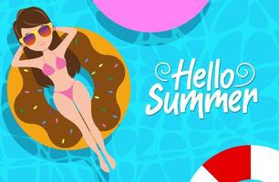 hola diseño de concepto de vector de verano. hola texto de verano con un personaje femenino sexy con traje de bikini flotando en el agua con elementos flotantes de donuts en el diseño de fondo de la piscina.