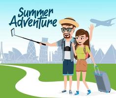 Summer travel adventure vector concept design. Summer adventure text with tourist characters taking phone picture and travelling in different country in holiday vacation. Vector illustration.