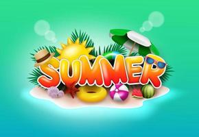 diseño de banner vectorial de verano. texto de verano en el fondo de la isla de playa con elementos de sol y sombrilla para divertirse y disfrutar de la temporada de vacaciones. ilustración vectorial vector