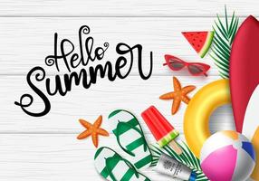 Hello summer in wooden background vector banner. Hello summer greeting typography in white space for text with beach elements like lifebuoy, beach ball, flip flop, starfish, sunglasses and ice cream.