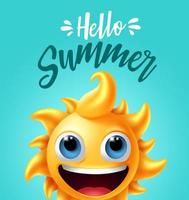 Hello summer vector banner design. Hello summer text with sun character in naughty facial expression for tropical season design in green background. Vector illustration.