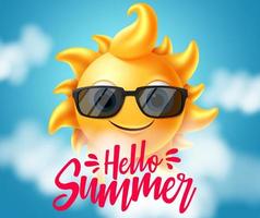 Hello summer vector banner design. Hello summer text with sun character in smiling facial expression wearing sunglasses with clouds element in blue background. Vector illustration.