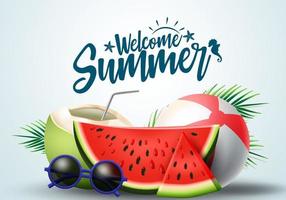 diseño de banner de vector de saludo de verano. texto de bienvenida de verano con frutas tropicales como sandía, jugo de coco y elementos de playa en fondo blanco. ilustración vectorial