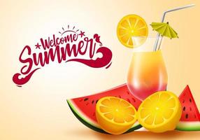 Summer fruit vector banner design. Welcome summer greeting text with tropical fruits like watermelon and fresh lemon juice elements in yellow background for holiday season. Vector illustration.