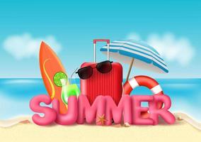 Summer vector banner design. Summer pink 3d text with beach elements like luggage, sunglasses, surf board, lifebuoy, umbrella, and sea shell in beach seaside background. Vector illustration.