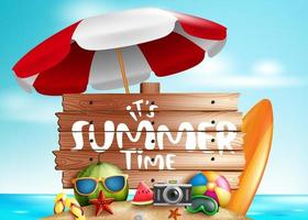 Summer time vector concept design. It's summer time text with beach elements like surfboard, beach ball and goggles in blue beach sea background. Vector illustration