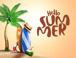 Hello summer vector banner background. Hello summer text in beach sand with elements of surfboard, hat and palm tree for fun and enjoy warm holiday vacation design. Vector illustration