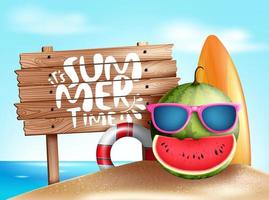Summer vector concept design. It's summer time text with water melon fruit wearing sunglasses and surfboard elements in beach sea background. Vector illustration