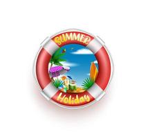 Summer lifebuoy vector concept design. Summer holiday text in life buoy in white background with beach elements for fun and relax tropical season vacation. Vector illustration