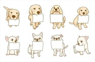 perro chihuahua de dibujos animados, golden retrieverdog con papel en blanco. perro sobre pancarta o letrero. ilustración vector