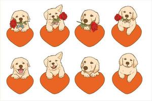 perro golden retriever de dibujos animados sosteniendo una flor rosa roja con corazón, un perro encantador enamorado en el día de san valentín vector