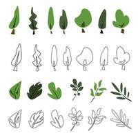 Vector illustration of trees.Vector illustration of leaflets. Isolated on a white background.Twigs. leaflets. trees. Line drawing. Green color. Greens