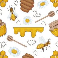 Seamless pattern from hand drawn elements. Honey, bees, flowers. Endless color texture. Vector illustration.