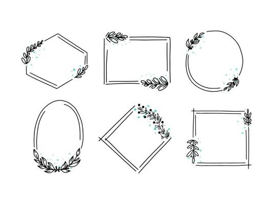 Geometric floral frame set, border with leaves,wreaths,flower doodle elements. Hand drawn sketch style for invitation, greeting card,social media and blog.